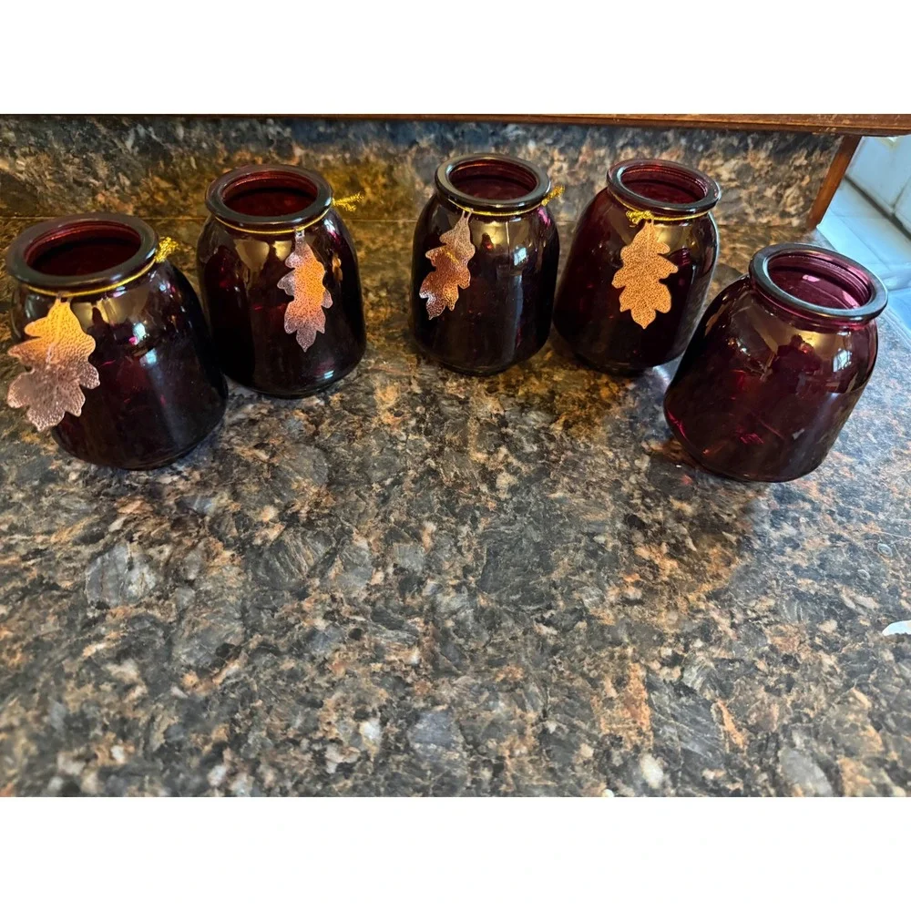 Set of 5 Plum Purple Glass Votive Candle Holders with Copper Oak Leaf Charms